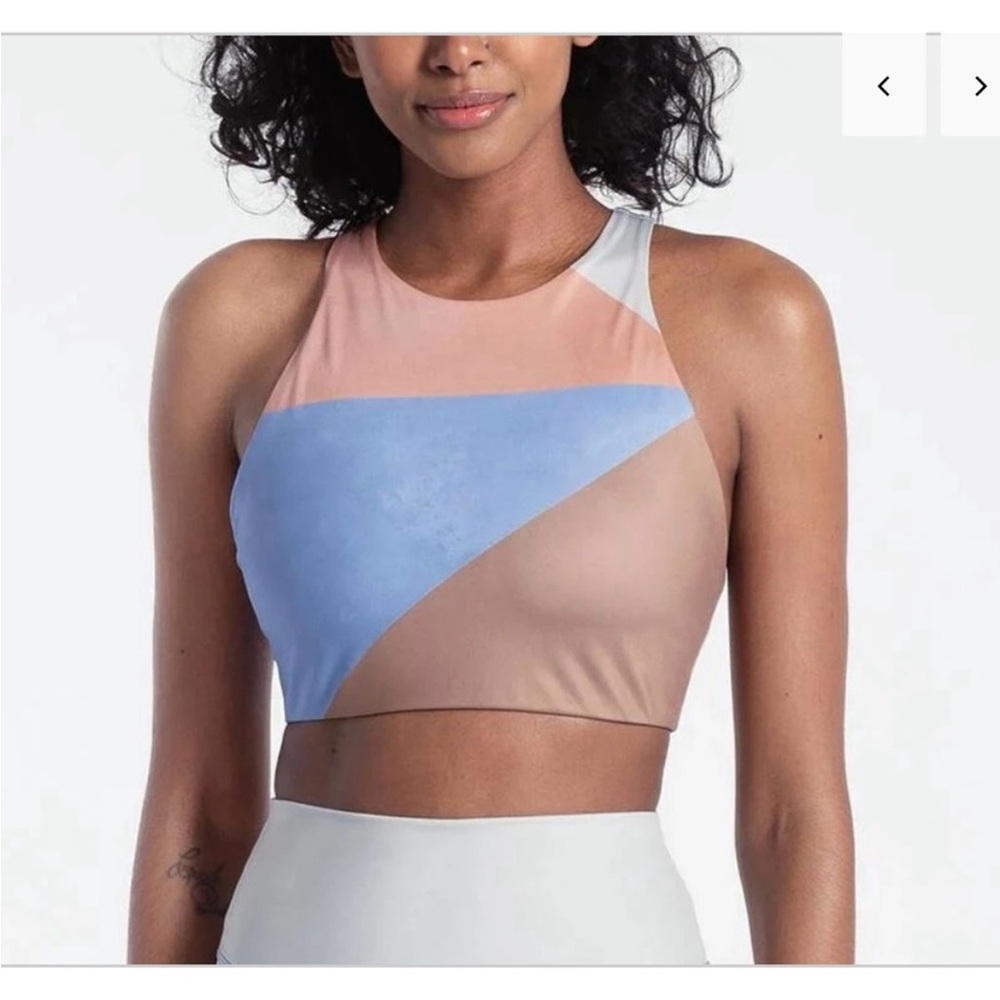 Lole Colorblock High Neck Sports Bra in Dusty Rose, Periwinkle & Cream